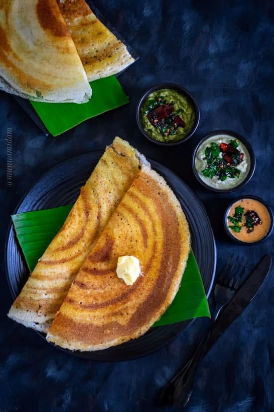 Ghee-roasted plain dosa with chutneys and sambar